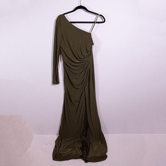 Ieena Mac Duggal Jersey knit Stretch One Shoulder Ruched Cocktail Dress Olive 6 - Picture 1 of 5